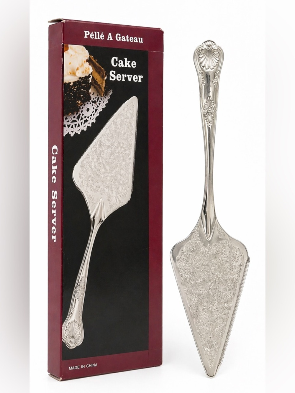Vintage Style Cake Server Silver Tone Engraved Dessert Server w/ Box